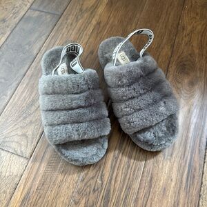 UGG Charcoal Plush Slide Sandals with Branded Heel Strap